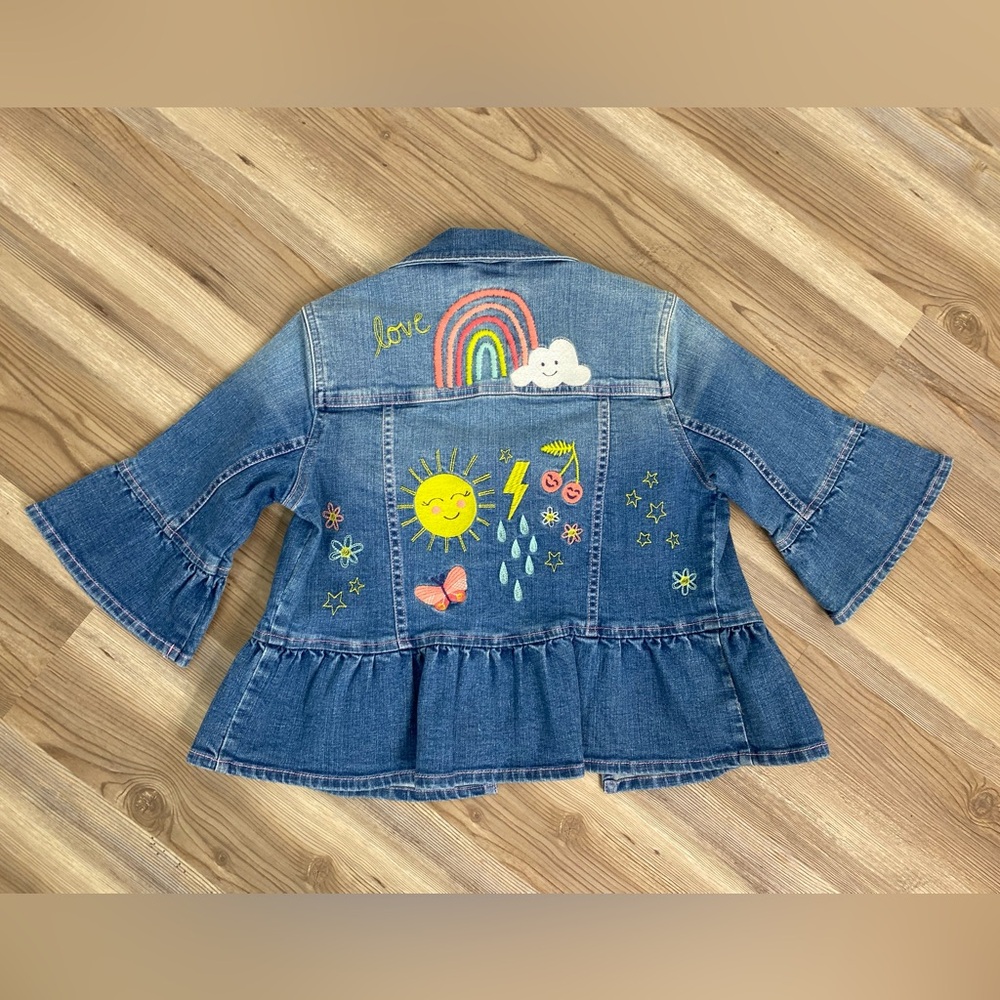 Hatley Girls Peplum Rainbow Ruffle Embroidered Jean Jacket 8 NEW Floral Sun Love